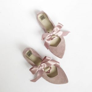 Pointed Toe Mary Jane Ballet Flats in Blush Italian Leather with Satin Ribbon