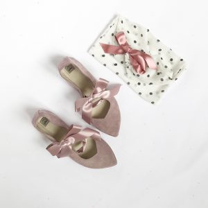 Pointed Toe Mary Jane Ballet Flats in Blush Italian Leather with Satin Ribbon