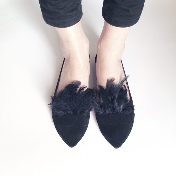 Pointy Chic Black Leather Loafers Shoes with Feathers | Elehandmade Shoes