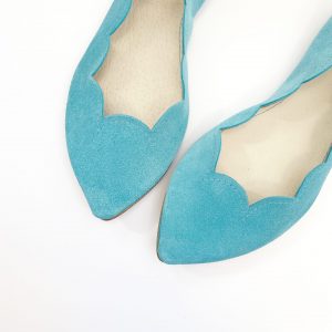 Robin egg Italian leather scalloped handmade pointed toe ballet flats shoes