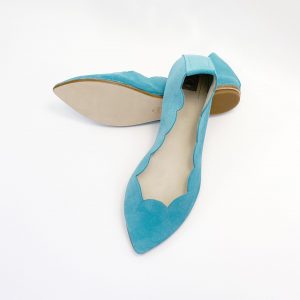 Robin egg Italian leather scalloped handmade pointed toe ballet flats shoes