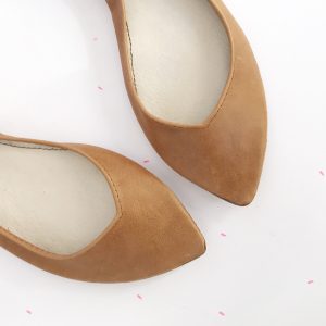 Pointed Toe Ballet Flats in Tan Soft Italian Leather, Low Heel Comfortable Flats