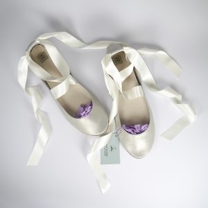 White Gold Ballet Flats With Satin Ribbon