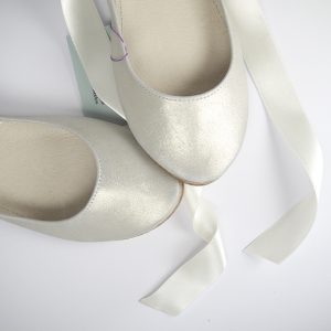 White Gold Ballet Flats With Satin Ribbon