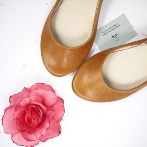 HAndmade TAN leather round ballet flats shoes