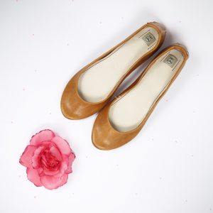 HAndmade TAN leather round ballet flats shoes
