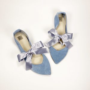 Pointed Toe Mary Jane Ballet Flats in SERENITY BLUE Italian Leather with Satin Ribbon