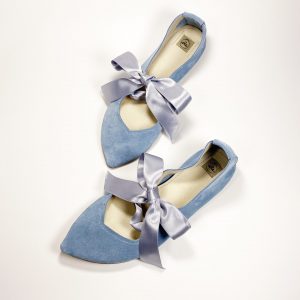Pointed Toe Mary Jane Ballet Flats in SERENITY BLUE Italian Leather with Satin Ribbon