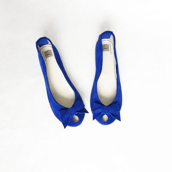 Peep Toes with Bow, Ballet Flats Shoes in Cobalt Royal Blue Soft Italian Leather