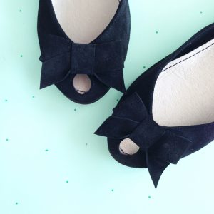 Black Italian Soft Leather Peep Toes handmade shoes with Bow