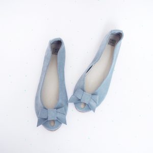 Serenity Blue Italian Soft Leather Peep Toes handmade shoes with Bow