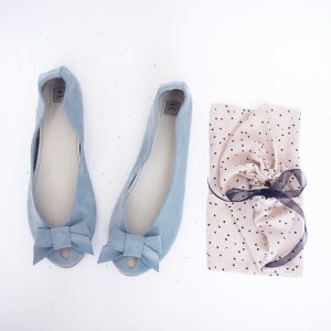 Serenity Blue Italian Soft Leather Peep Toes handmade shoes with Bow