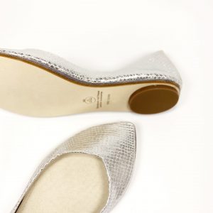 Women Pointy Ballet Shoes in Silver Sanke Print Leather, Elehandmade Shoes