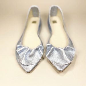 Wedding Flats For Bride with Ruffles in Metallic Light Blue Italian Leather, Brautschuhe, Elehandmade Shoes
