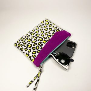 purse in neon leopard pattern and italian leather, handmade clutch with zip closure, elehandmade