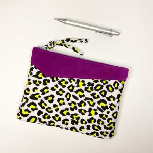 purse in neon leopard pattern and italian leather, handmade clutch with zip closure, elehandmade