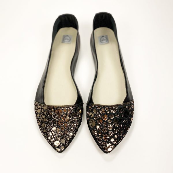 Black and Platinum Jewellery Luxurious Italian Leather D Orsay Pointy Ballet Flats