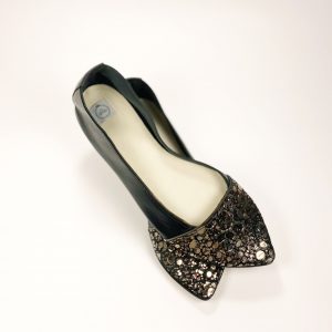 Black and Platinum Jewellery Luxurious Italian Leather D Orsay Pointy Ballet Flats