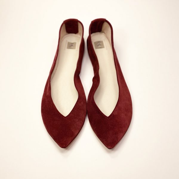 Pointy Ballet Flats Shoes in Pompeian red Italian Suede Leather, elehandmade shoes