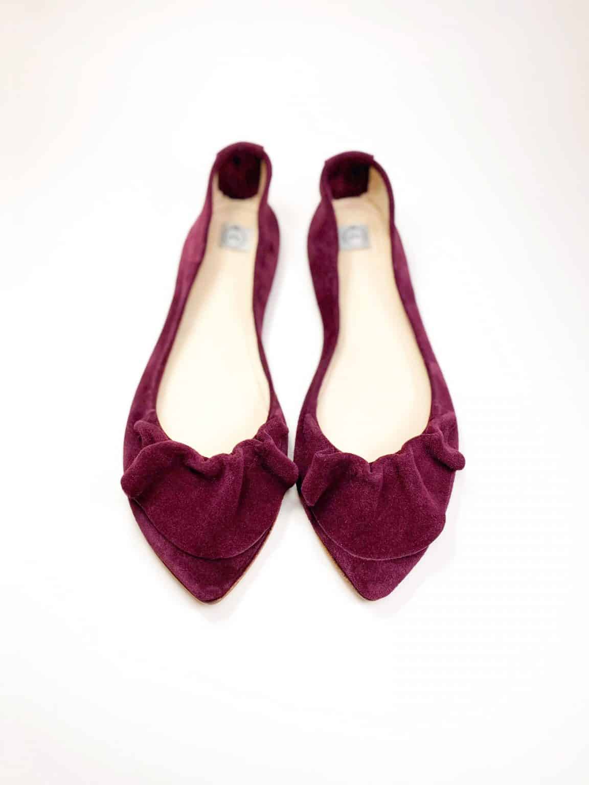 Pointed Flats with Ruffles in Oxblood Italian Leather, Elehandmade Pumps Shoes