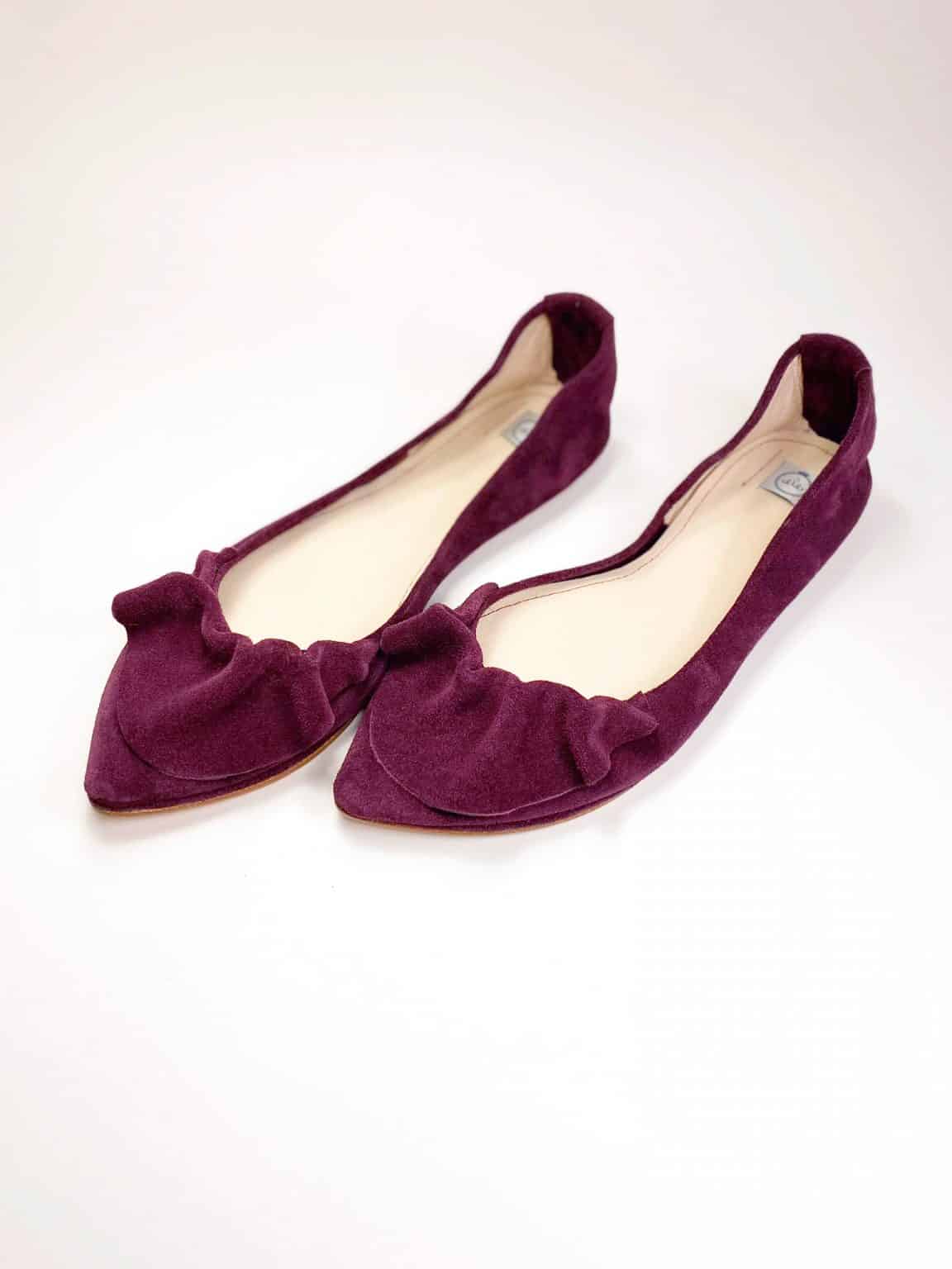 Pointed Flats with Ruffles in Oxblood Italian Leather, Elehandmade Pumps Shoes