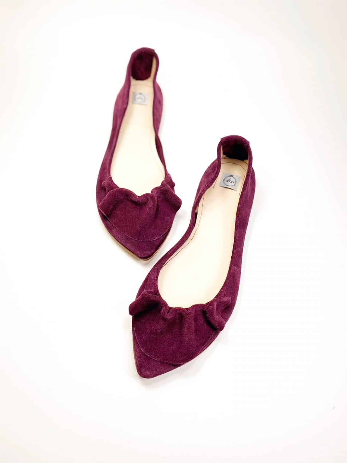 Pointed Flats with Ruffles in Oxblood Italian Leather, Elehandmade Pumps Shoes