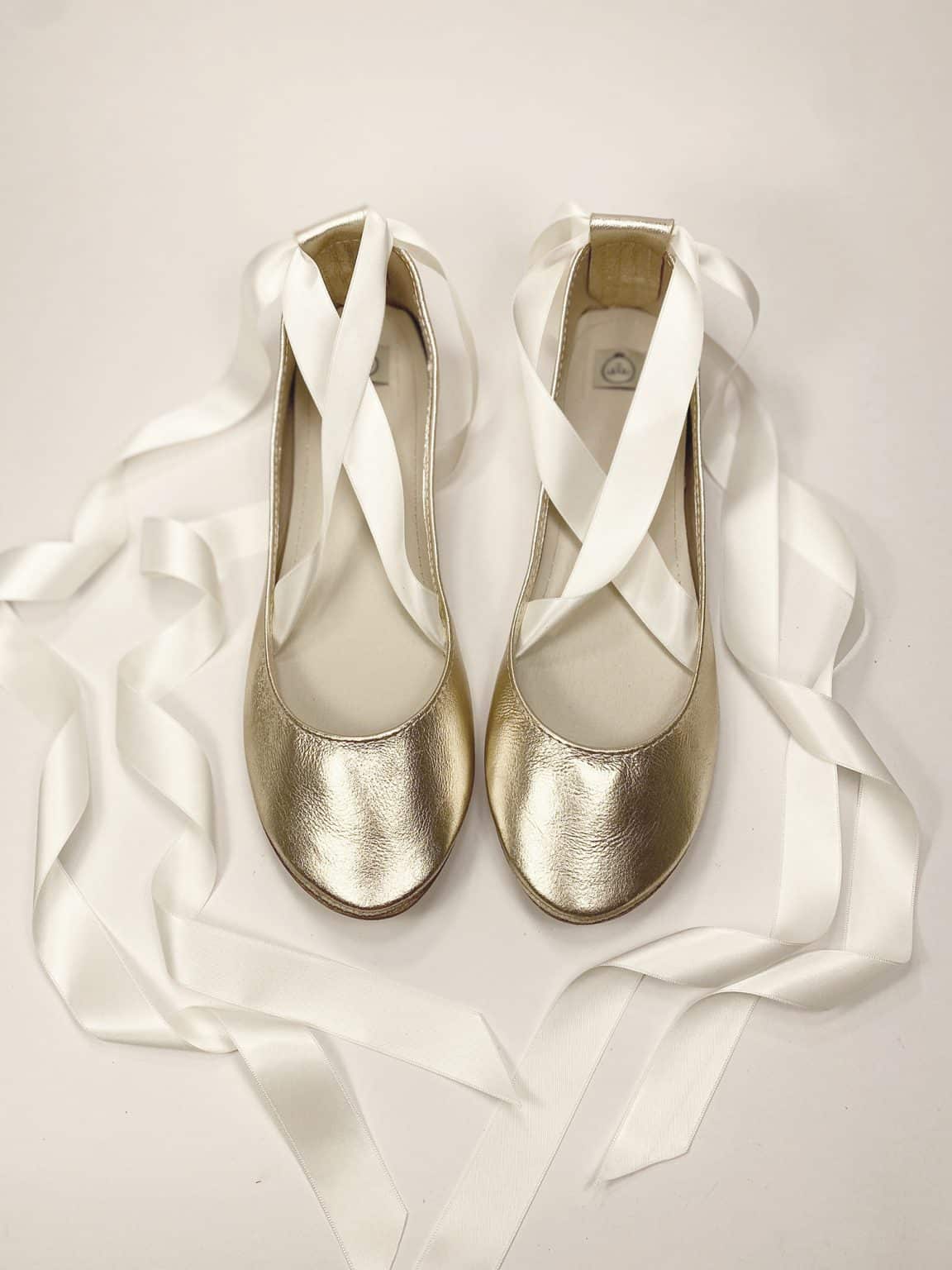 Italian leather gold bridal shoes with white ribbons, handmade by Elehandmade in big sizes for tall brides