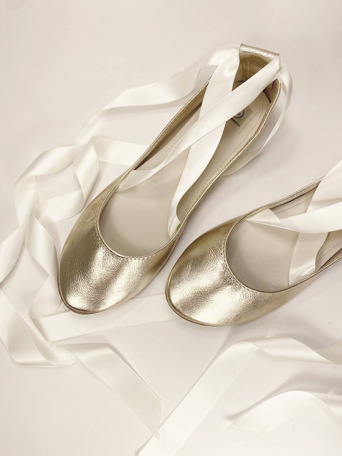 Handmade gold Italian leather bridal shoes with ribbons, made to order by Elehandmade for tall brides and big size women