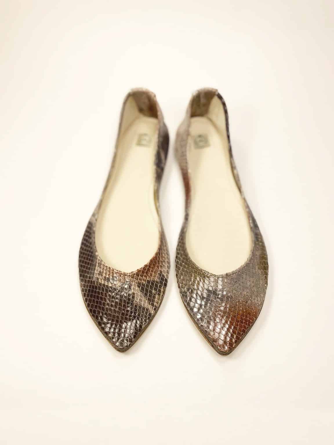 Pointed ballet flats in multi-shade python-effect Italian leather with warm brown and bronze tones – elehandmade shoes