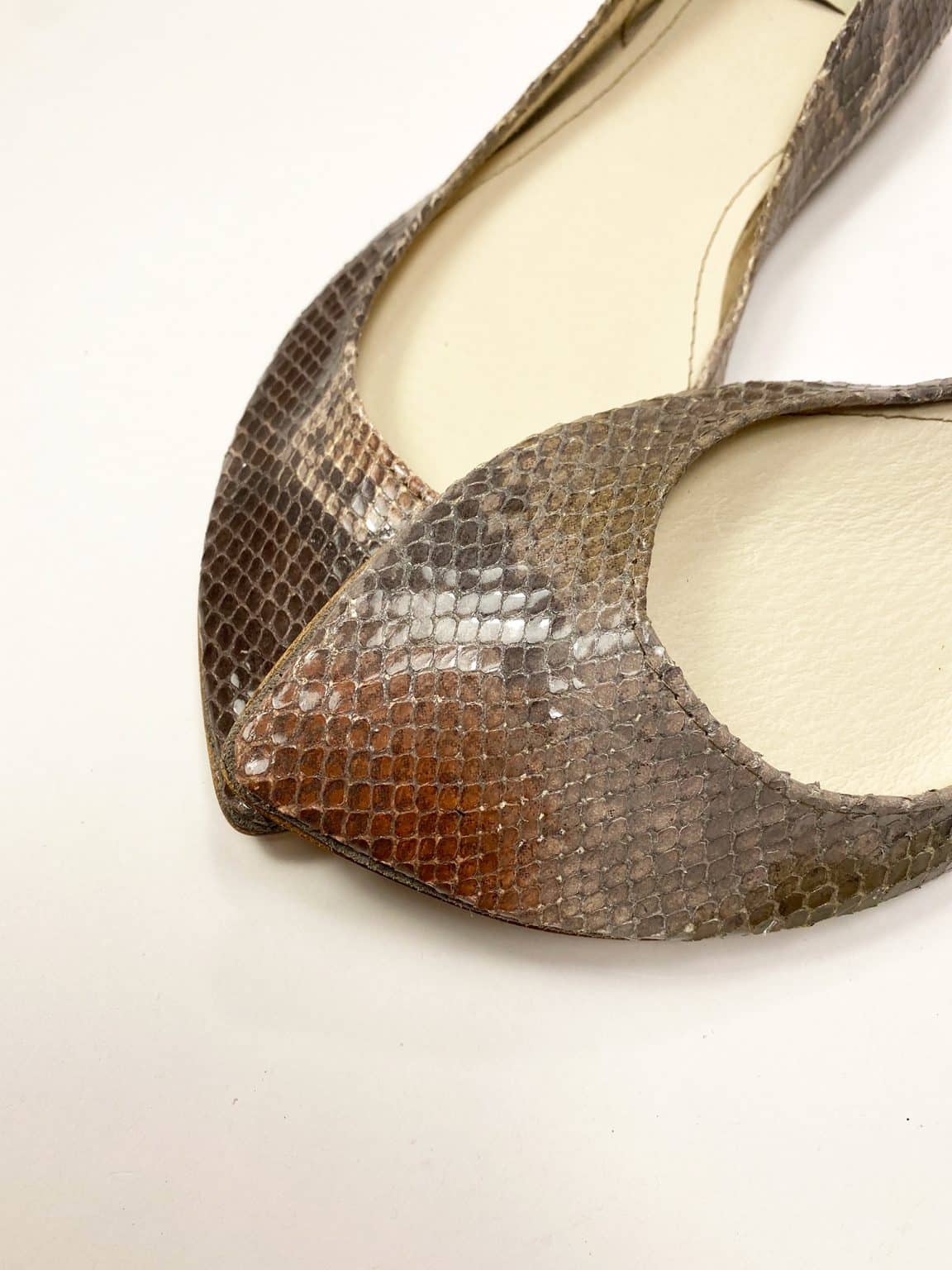 Pointed ballet flats in multi-shade python-effect Italian leather with warm brown and bronze tones – elehandmade shoes