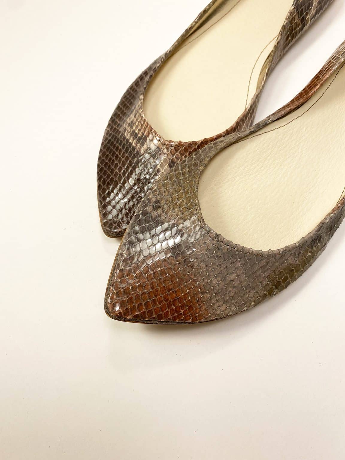Pointed ballet flats in multi-shade python-effect Italian leather with warm brown and bronze tones – elehandmade shoes