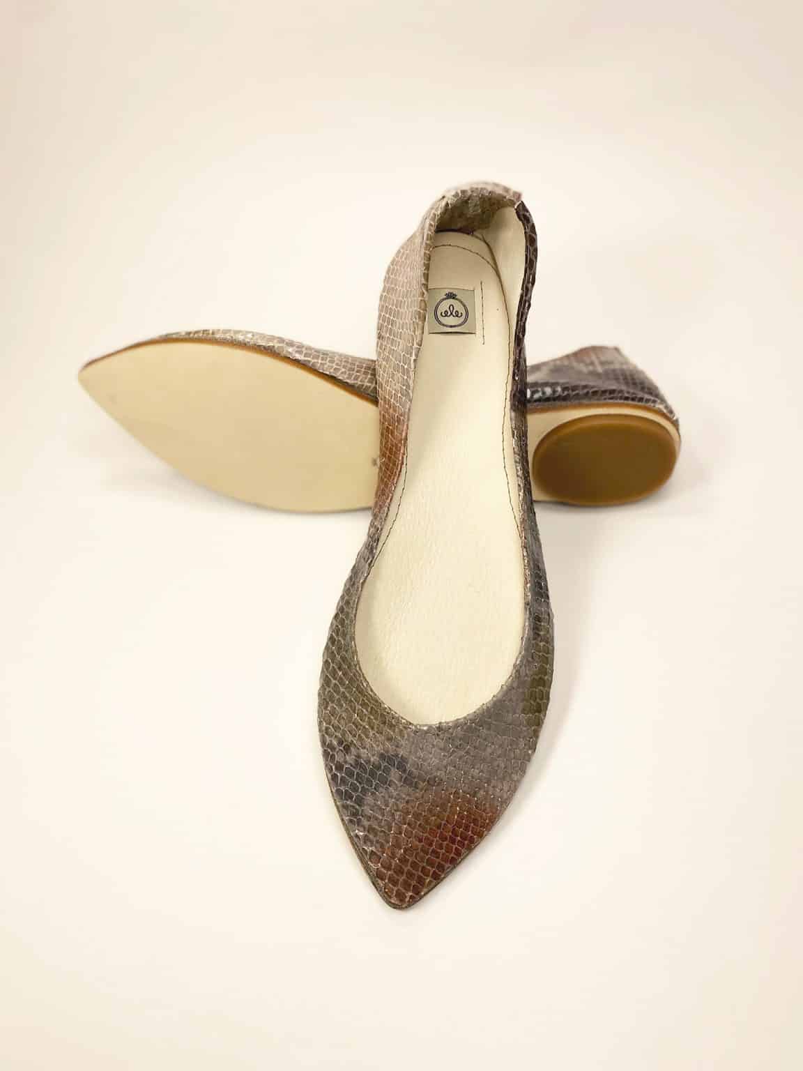 Pointed ballet flats in multi-shade python-effect Italian leather with warm brown and bronze tones – elehandmade shoes