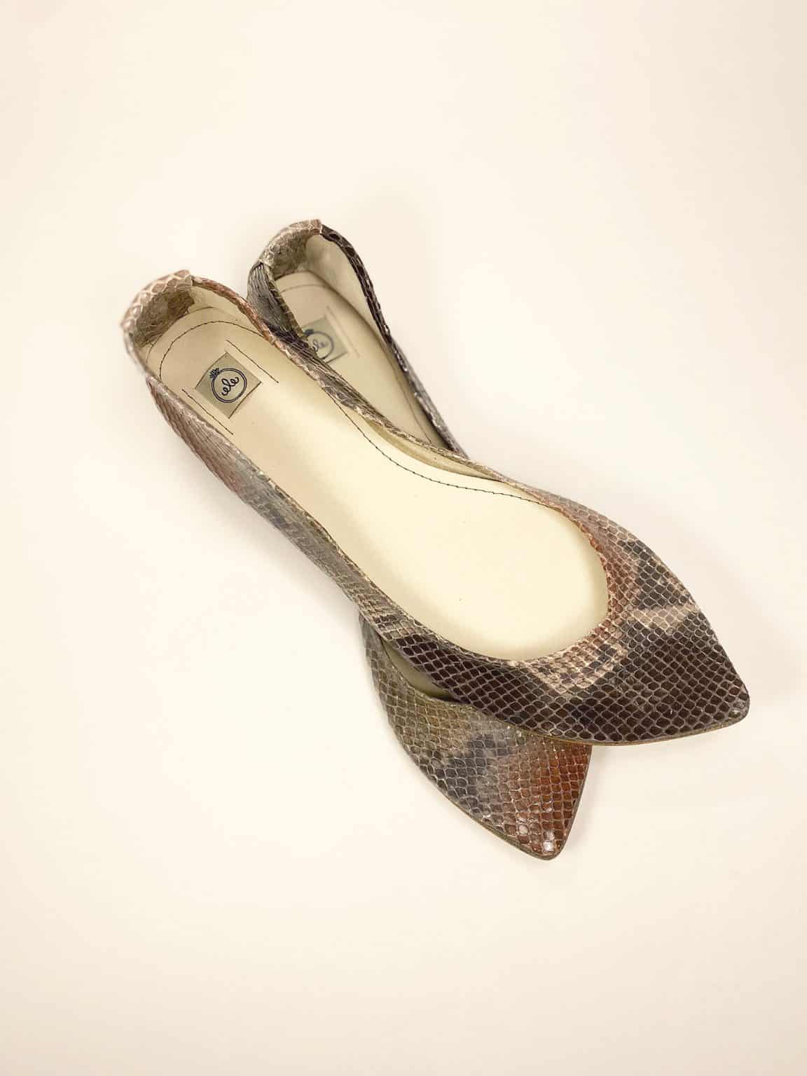 Pointed ballet flats in multi-shade python-effect Italian leather with warm brown and bronze tones – elehandmade shoes
