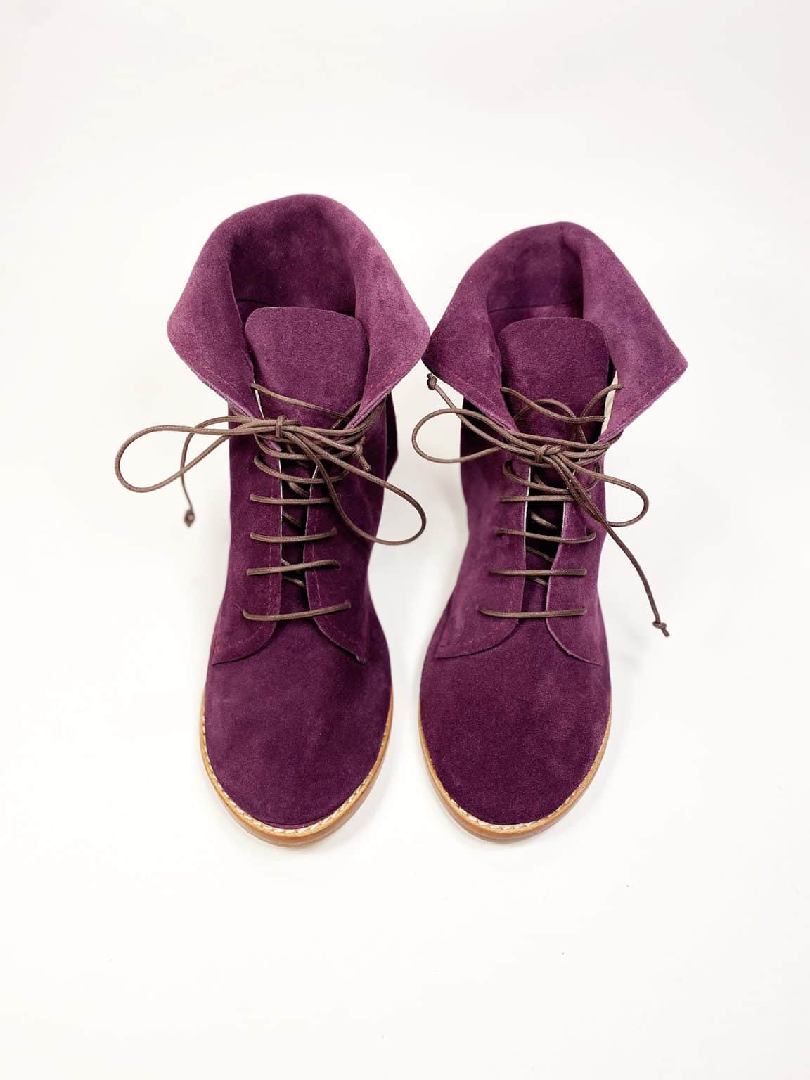 Women's oxblood burgundy suede ankle boots with natural leather sole and lace-up closure, elehandmade shoes, handcrafted in Italy