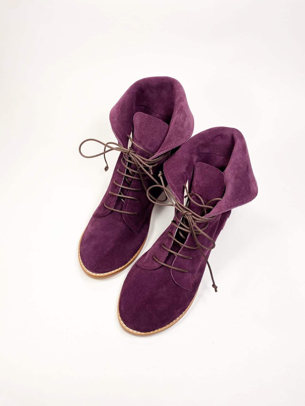 Women's oxblood burgundy suede ankle boots with natural leather sole and lace-up closure, elehandmade shoes, handcrafted in Italy
