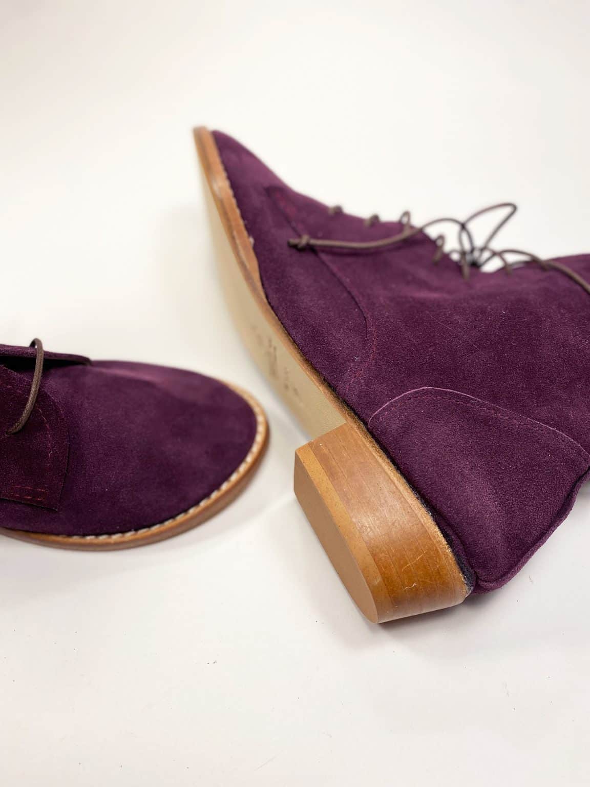 Women's oxblood burgundy suede ankle boots with natural leather sole and lace-up closure, elehandmade shoes, handcrafted in Italy