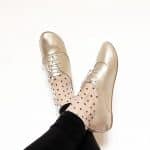 Lace-up flats in soft gold metallic Italian leather worn with polka dot socks – elehandmade shoes