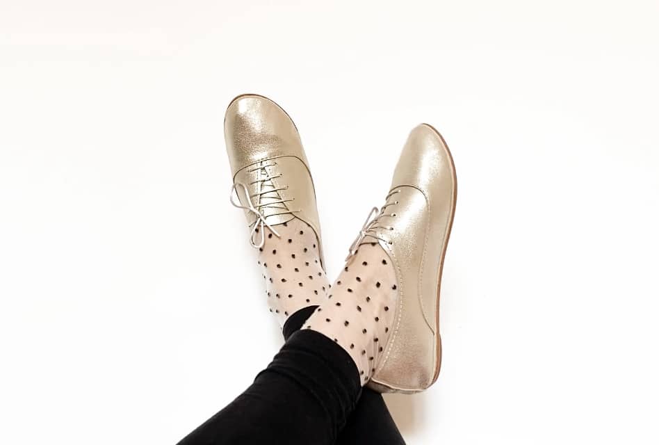 Lace-up flats in soft gold metallic Italian leather worn with polka dot socks – elehandmade shoes