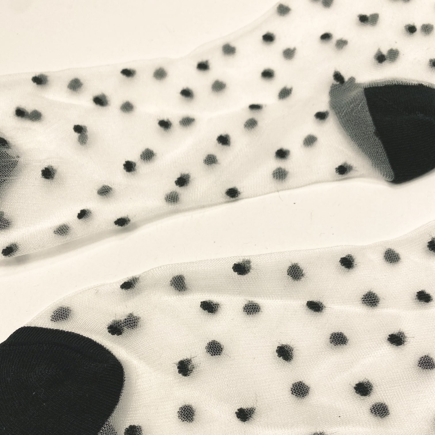 Flat view of transparent socks with small raised black dots and black toe heel and cuff