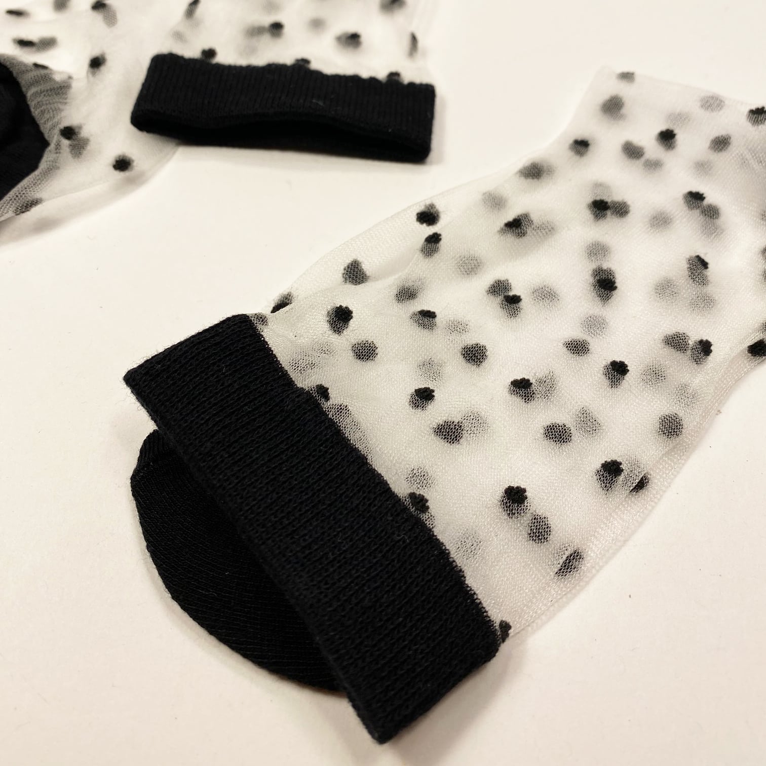 Flat view of transparent socks with small raised black dots and black toe heel and cuff