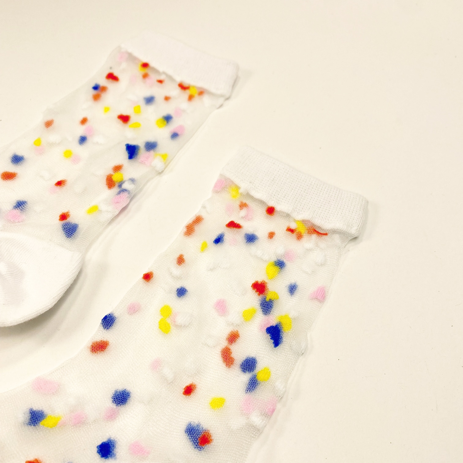 Close-up of colorful confetti details on sheer socks with white cuff