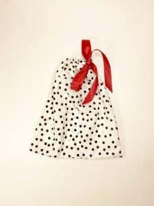Polka dots cotton dust bag for shoes tied with ivory satin ribbon