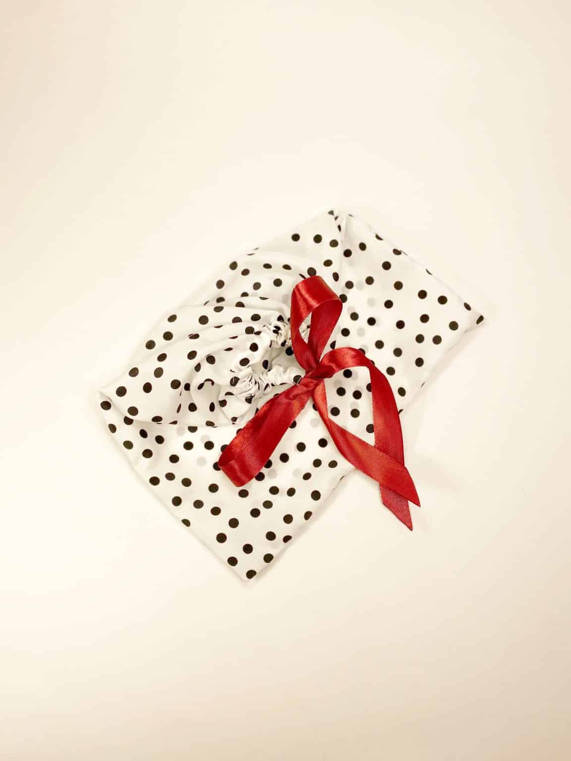 Polka dots cotton dust bag for shoes tied with ivory satin ribbon
