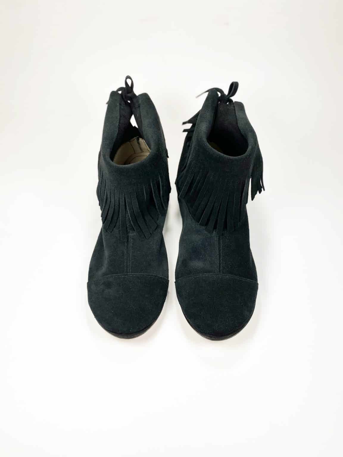 Ankle Booties with Fringes in Black Soft Italian Suede Leather, Elehandmade Boots Shoes