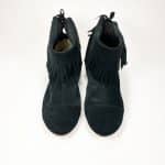 Ankle Booties with Fringes in Black Soft Italian Suede Leather, Elehandmade Boots Shoes