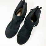 Ankle Booties with Fringes in Black Soft Italian Suede Leather, Elehandmade Boots Shoes, black indian fringed ankle boots, Minnetonka booties