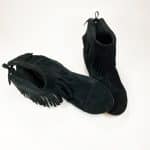 Ankle Booties with Fringes in Black Soft Italian Suede Leather, Elehandmade Boots Shoes, black indian fringed ankle boots, Minnetonka booties