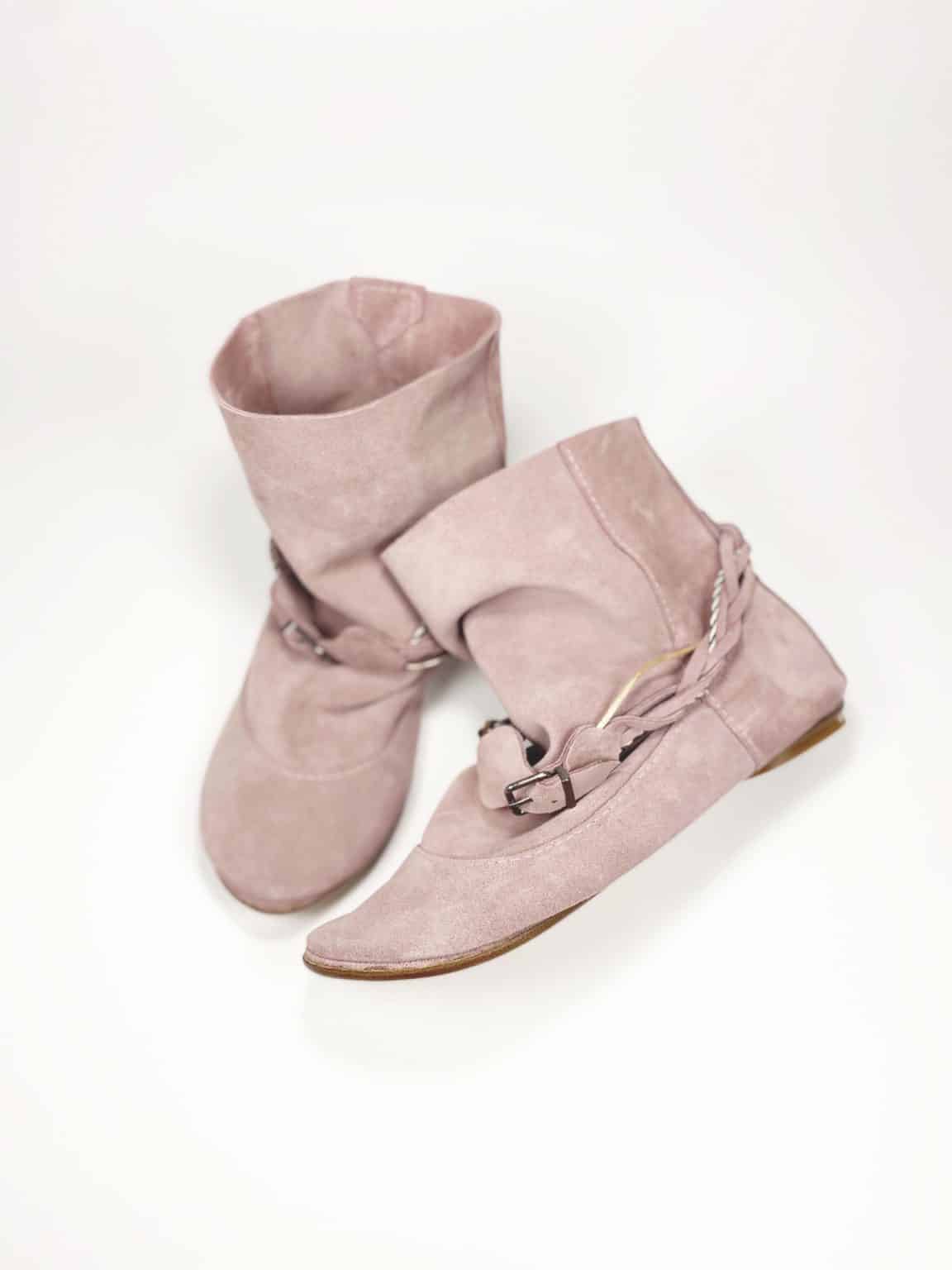 Ankle Boho Boots in Soft Rose Quartz Suede Italian Leather, Pink Floppy Booties, Elehandmade Shoes