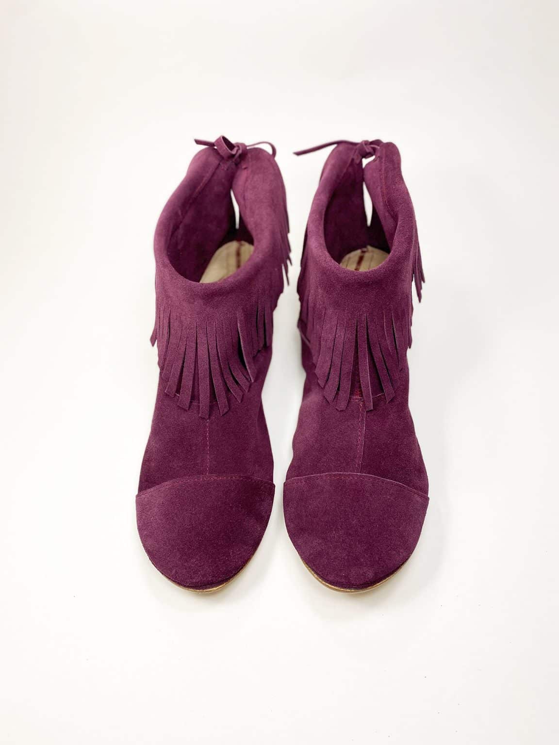 Fringed Ankle Boho Booties in Italian Soft Oxblood Burgundy Suede Leather, Elehandmade Shoes, Indian fringe ankle booties in prune soft suede