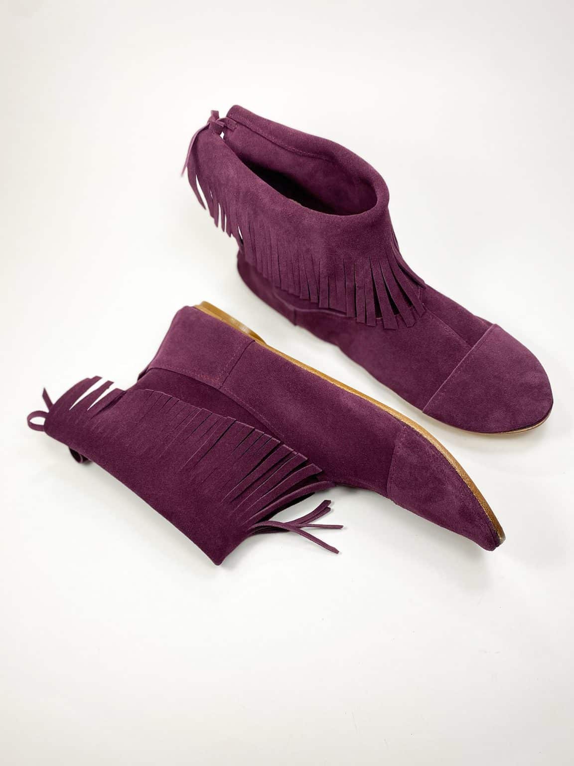 Fringed Ankle Boho Booties in Italian Soft Oxblood Burgundy Suede Leather, Elehandmade Shoes, Indian fringe ankle booties in prune soft suede